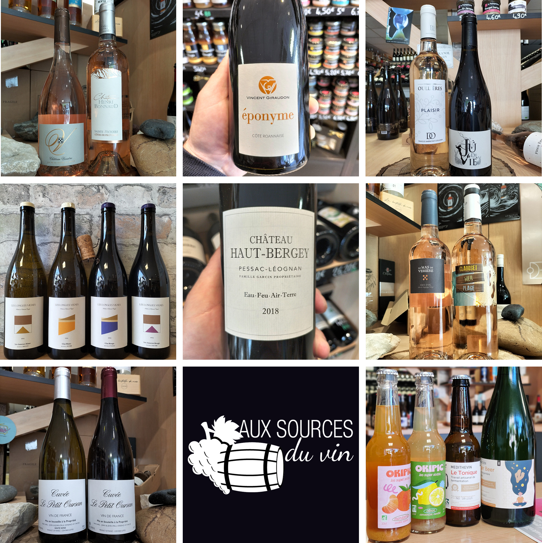 Sélection de bouteilles de vins et de boissons non alcoolisé issues des publications facebook de Aux Sources du vin